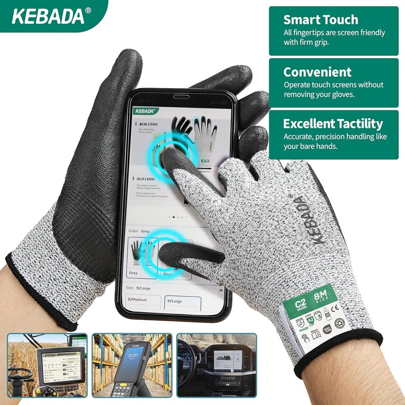 Kebada Cut Resistant Gloves, ANSI A2 Cutting Glove, PU Coated, Touchscreen, Multi-Purpose Model C2, 1 Pair, Small - Image 3
